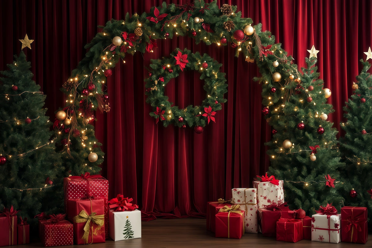 Red Christmas Backdrop Curtain Wreath Garland Arch Large Christmas Backdrop RR69-104