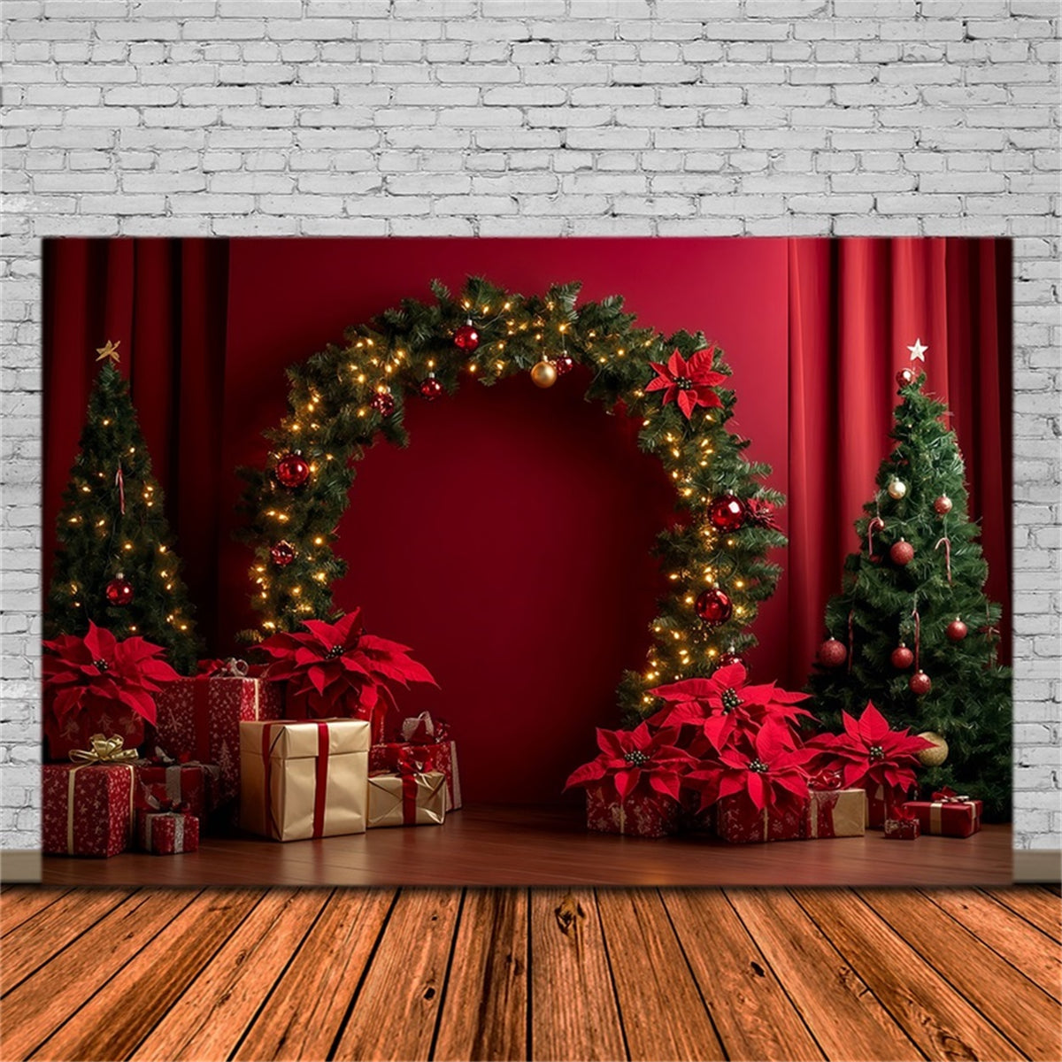 Red Christmas Backdrop Poinsettia Garland Arch Display Backdrops Christmas RR69-105