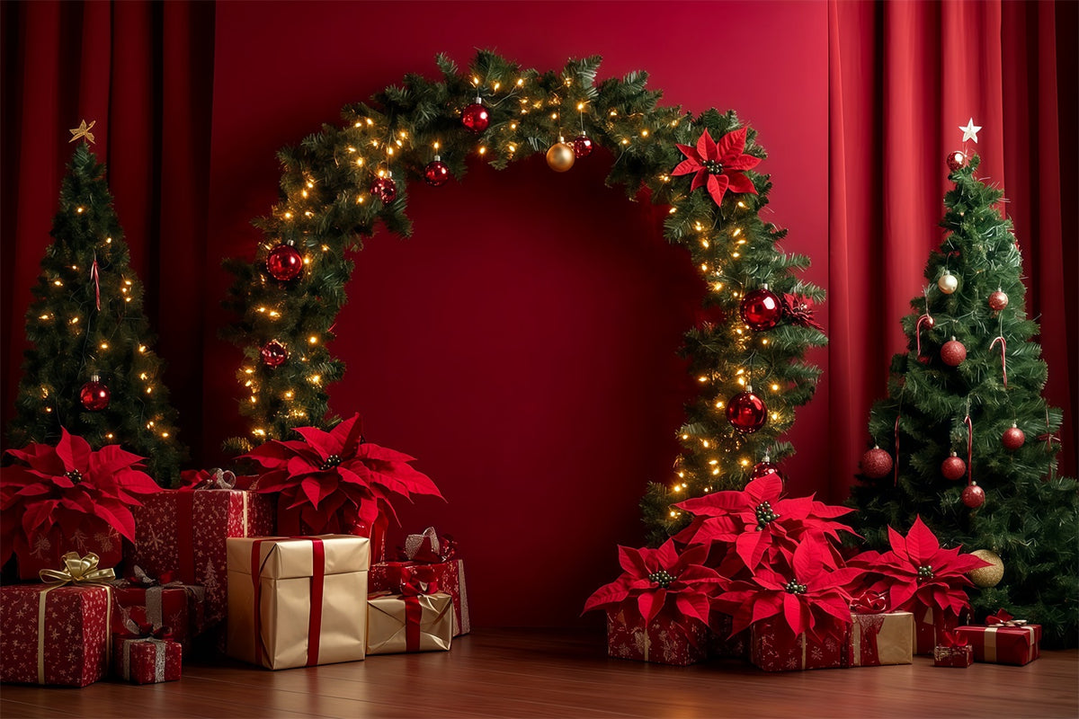 Red Christmas Backdrop Poinsettia Garland Arch Display Backdrops Christmas RR69-105