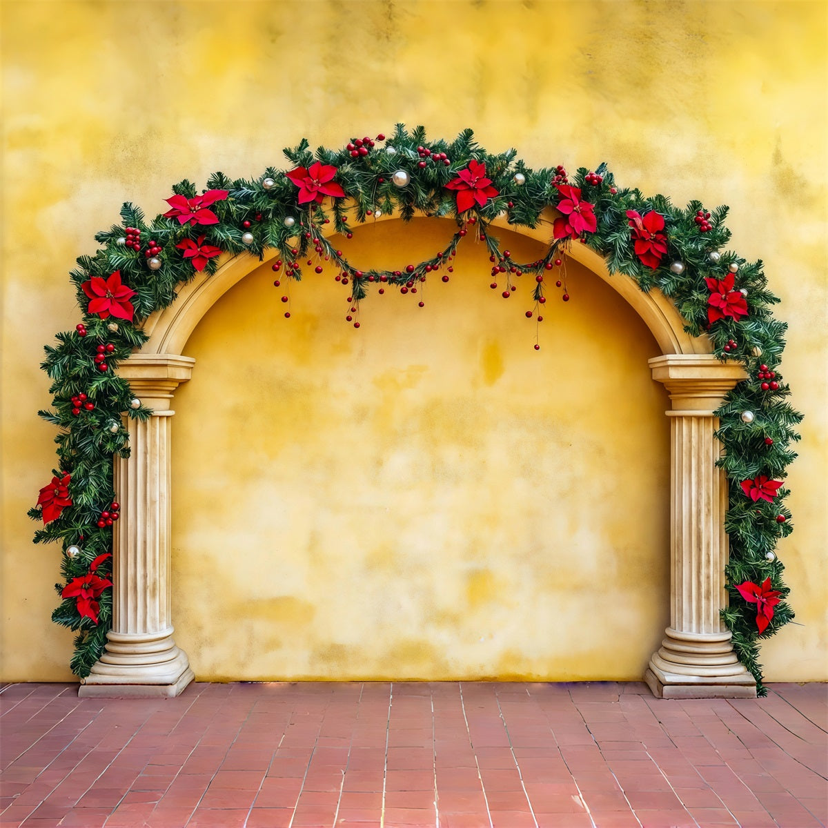 Christmas Arch Backdrop Poinsettia Garland Column Photography Christmas Backdrop RR69-106
