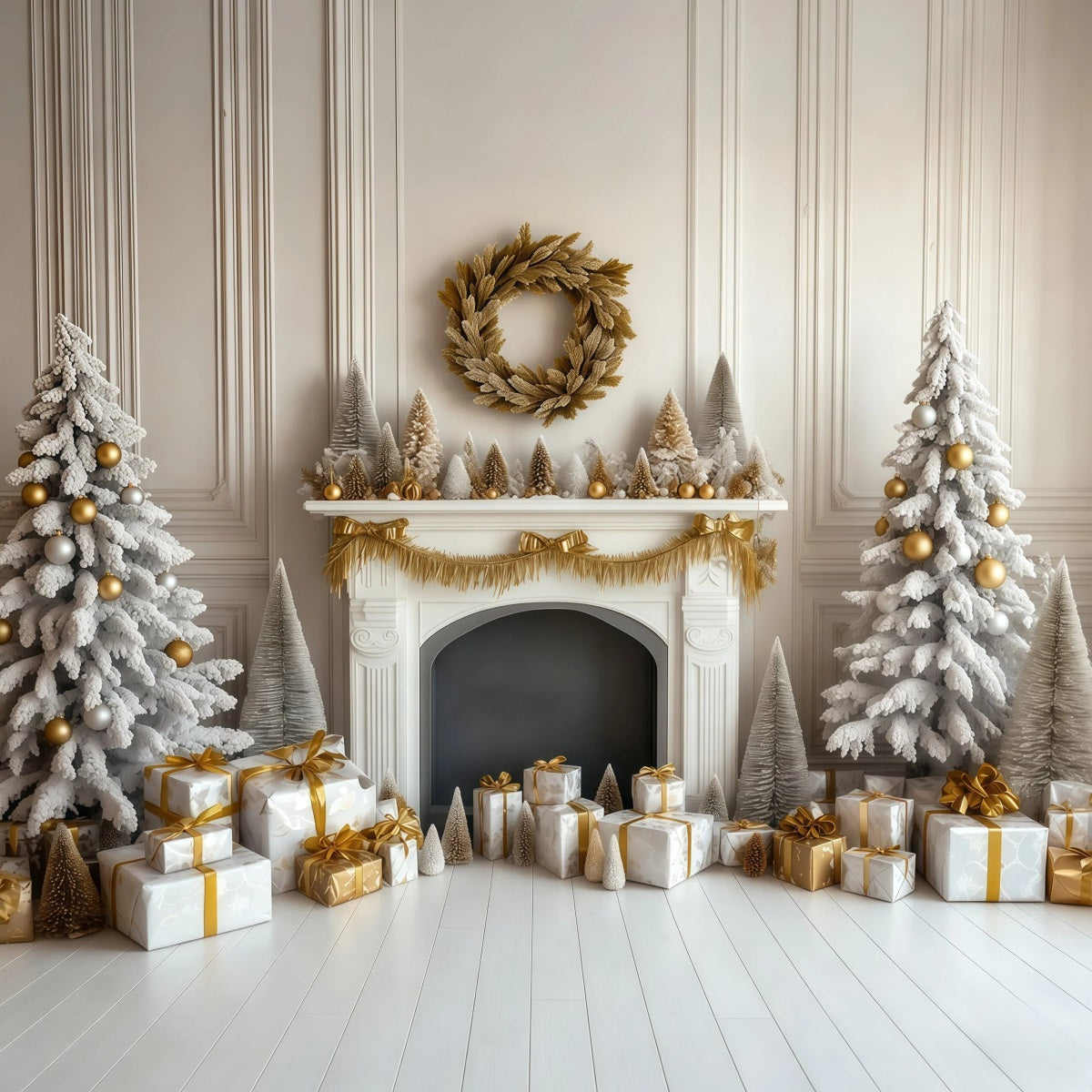 Fireplace Christmas Backdrop Retro Wall Golden Mantel Photo Backdrops Christmas RR69-108