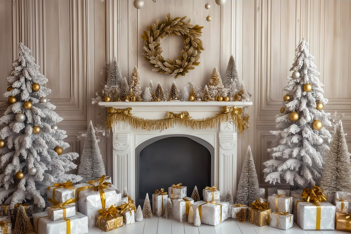 Fireplace Christmas Backdrop Retro Wall Golden Mantel Photo Backdrops Christmas RR69-108