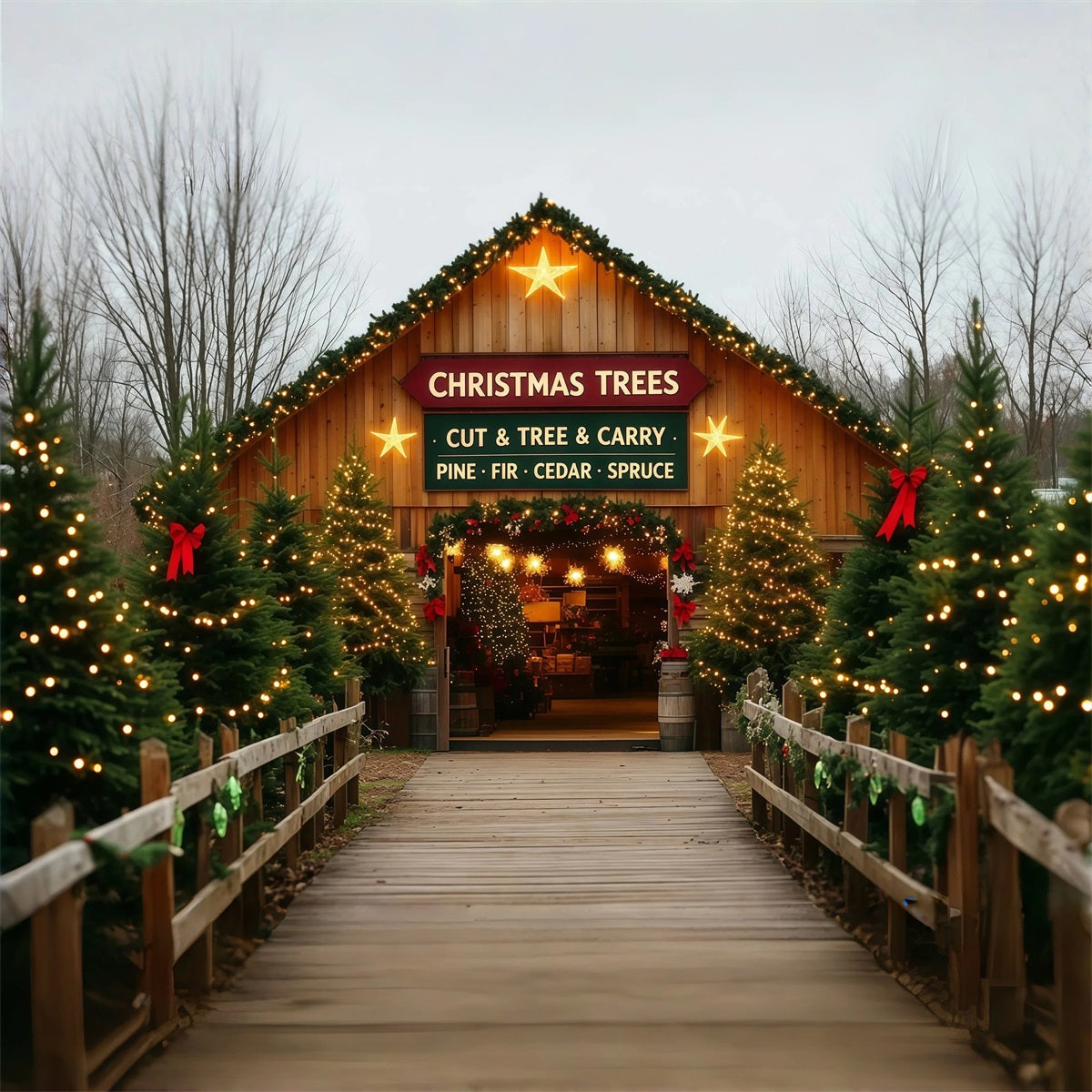 Christmas Tree Farm Backdrop Barn Door Entrance Christmas Wall Backdrops RR69-109