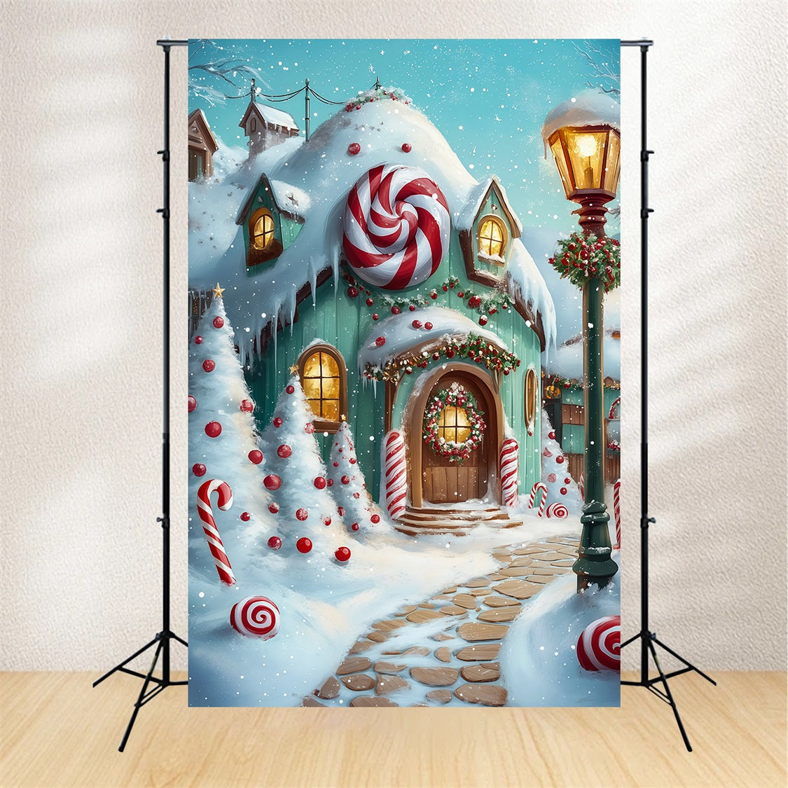 Christmas Candy Backdrop Snowy Gingerbread Cottage Pathway Indoor Christmas Backdrop RR69-18