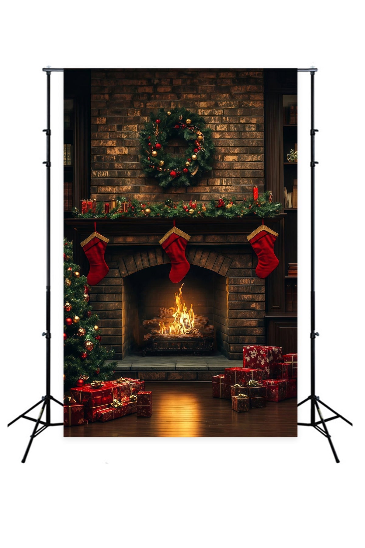 Cozy Christmas Backdrop Brick Fireplace Stocking Glow Studio Christmas Backdrop RR69-23