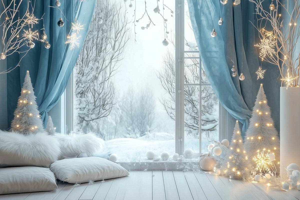 Christmas Lights Backdrop Snowy Blue Window Bedroom Studio Christmas Backdrops RR69-24