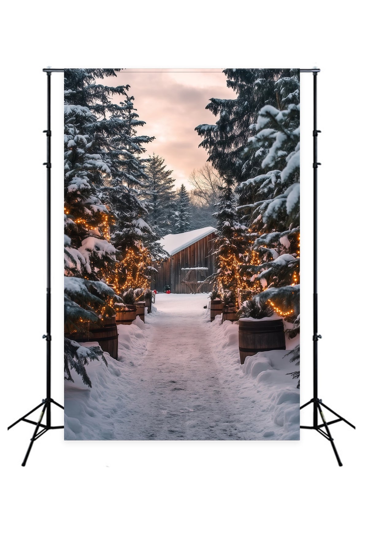 Christmas Cabin Backdrop Snowy Forest Light Path Christmas Studio Backdrop RR69-25