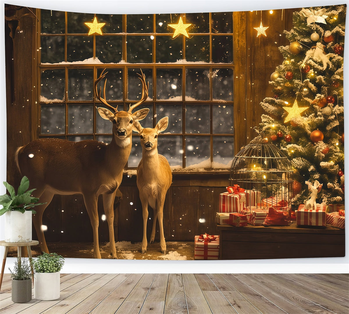 Christmas Window Backdrop Deer Stars Gift Corner Christmas Photography Backdrop RR69-3