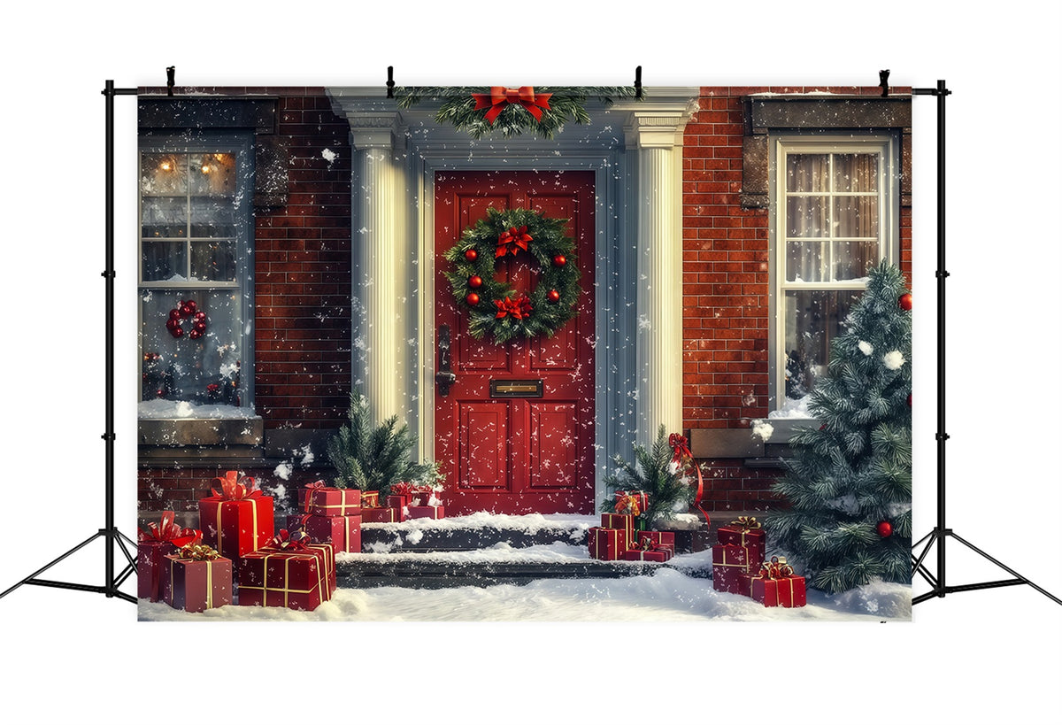 Christmas House Backdrop Snowy Red Door Gifts Photo Backdrops Christmas RR69-71