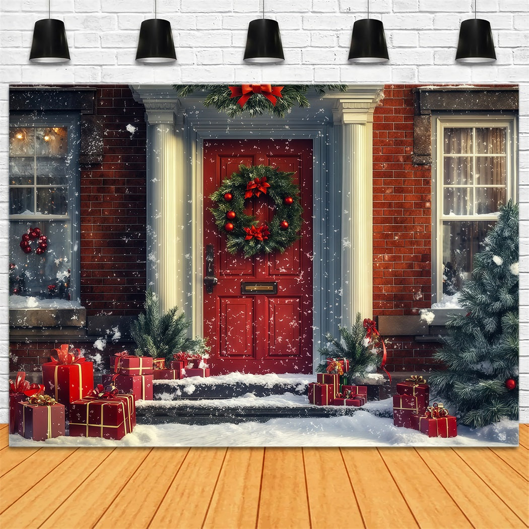 Christmas House Backdrop Snowy Red Door Gifts Photo Backdrops Christmas RR69-71