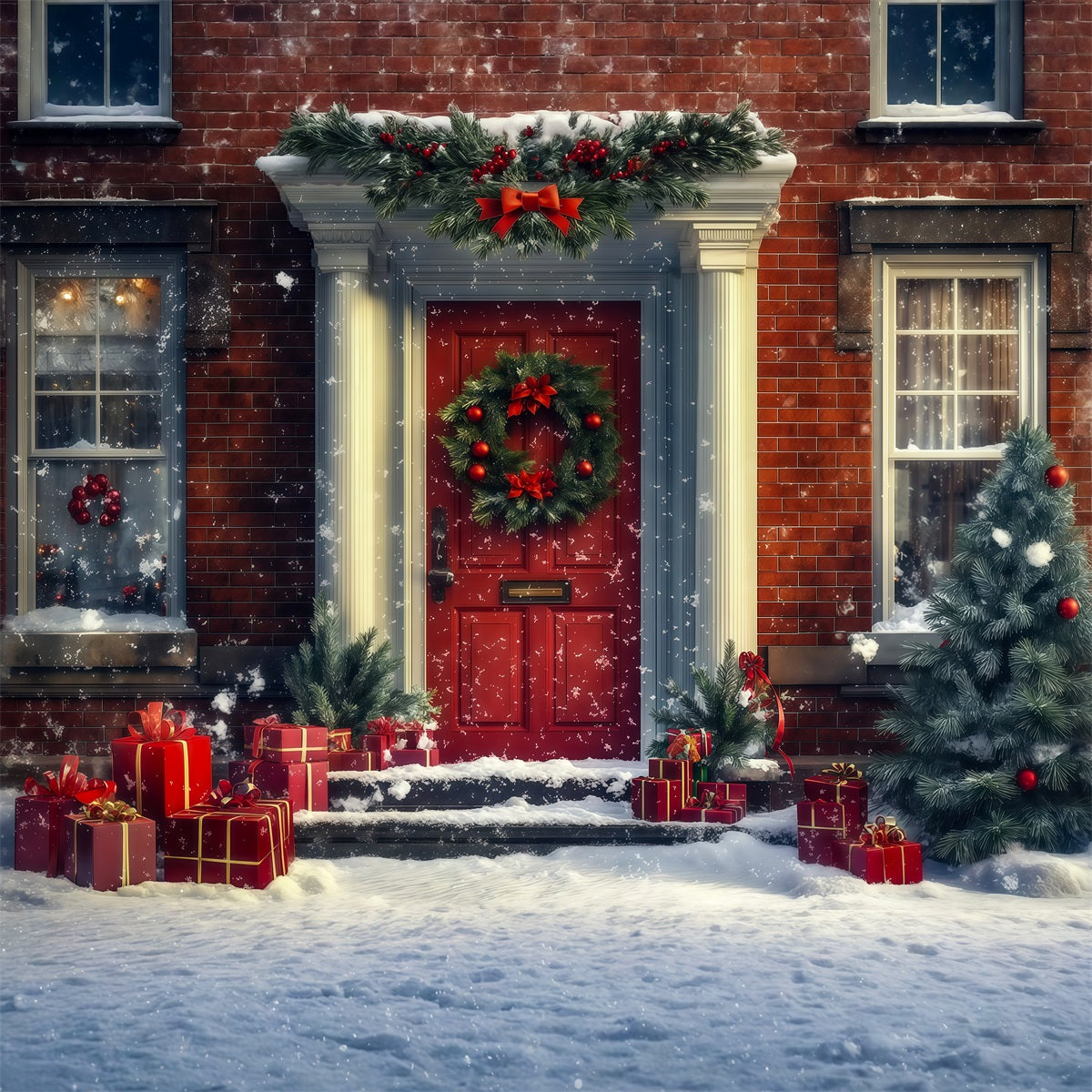 Christmas House Backdrop Snowy Red Door Gifts Photo Backdrops Christmas RR69-71