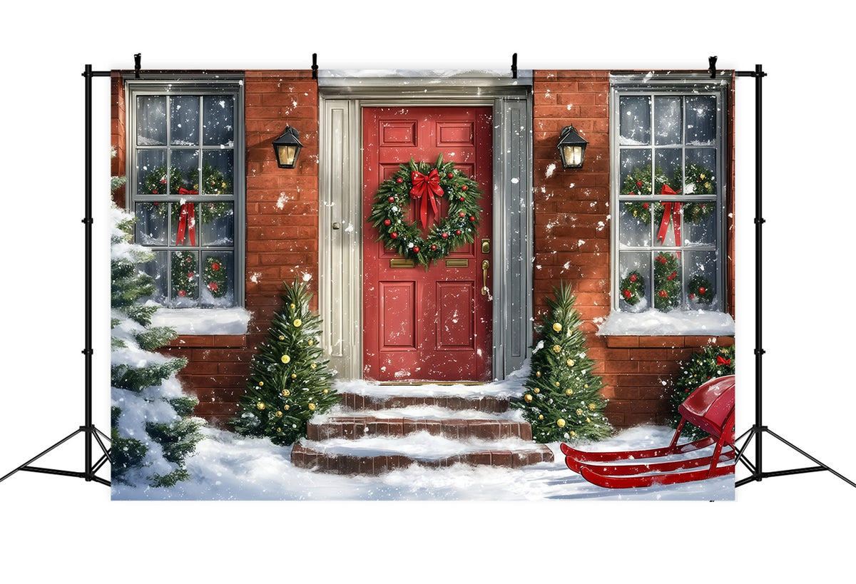 Christmas House Backdrop Snowy Red Door Sleigh Christmas Wall Backdrops RR69-72