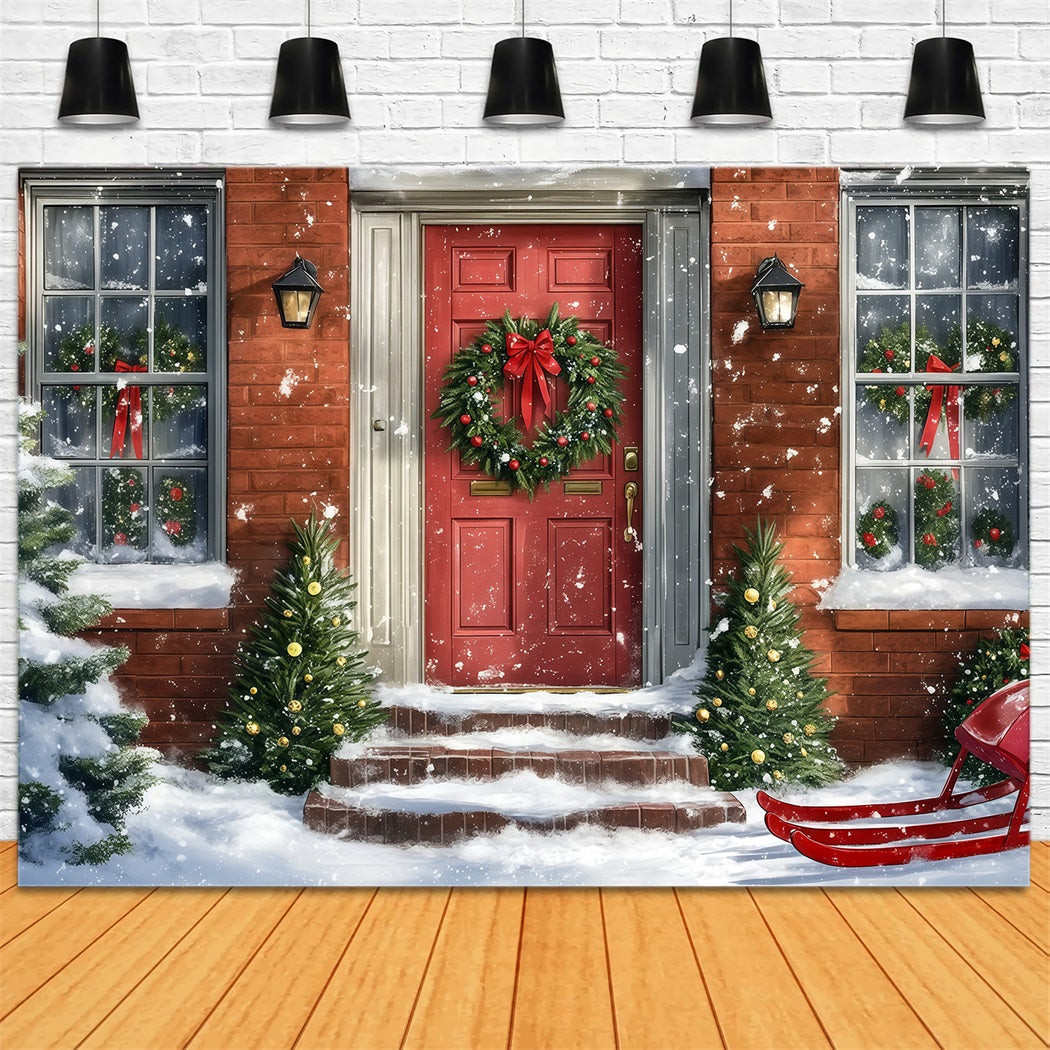 Christmas House Backdrop Snowy Red Door Sleigh Christmas Wall Backdrops RR69-72