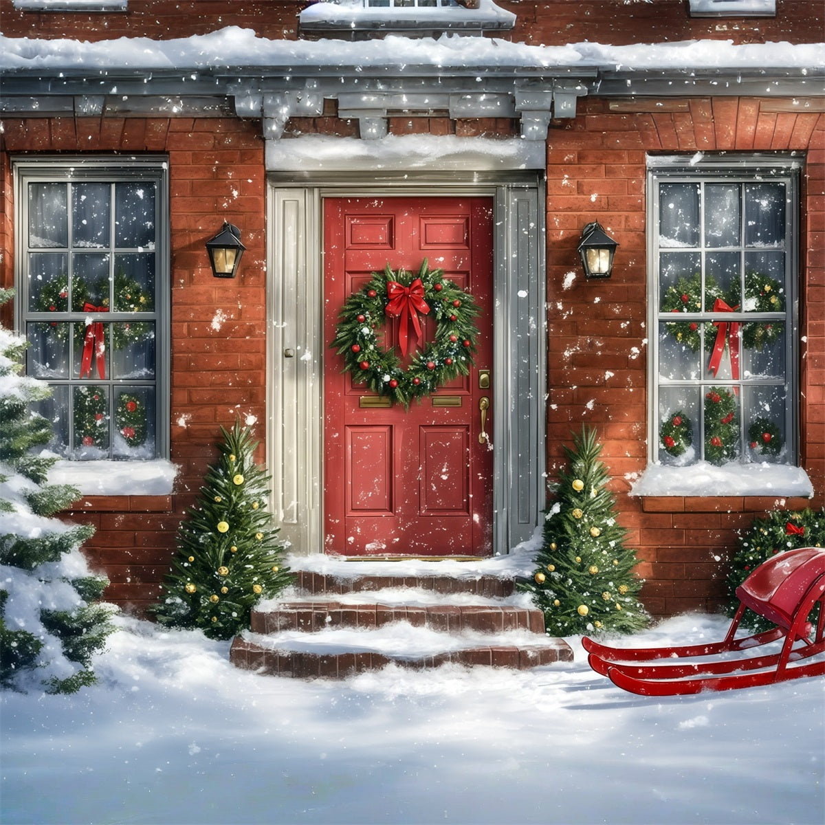 Christmas House Backdrop Snowy Red Door Sleigh Christmas Wall Backdrops RR69-72