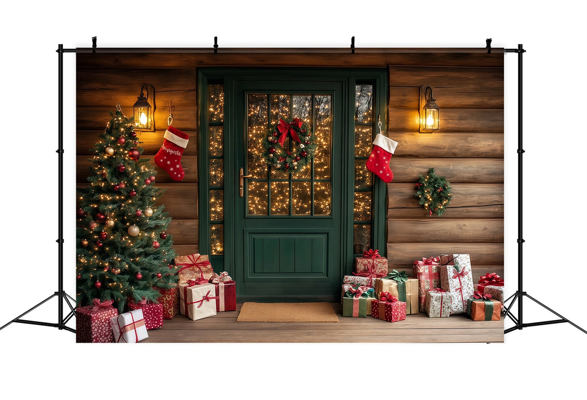 Christmas Cabin Backdrop Rustic Green Door Porch Christmas Studio Backdrop RR69-73