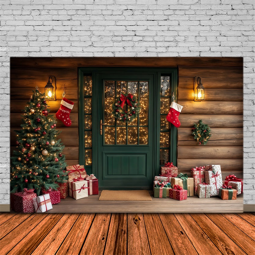 Christmas Cabin Backdrop Rustic Green Door Porch Christmas Studio Backdrop RR69-73