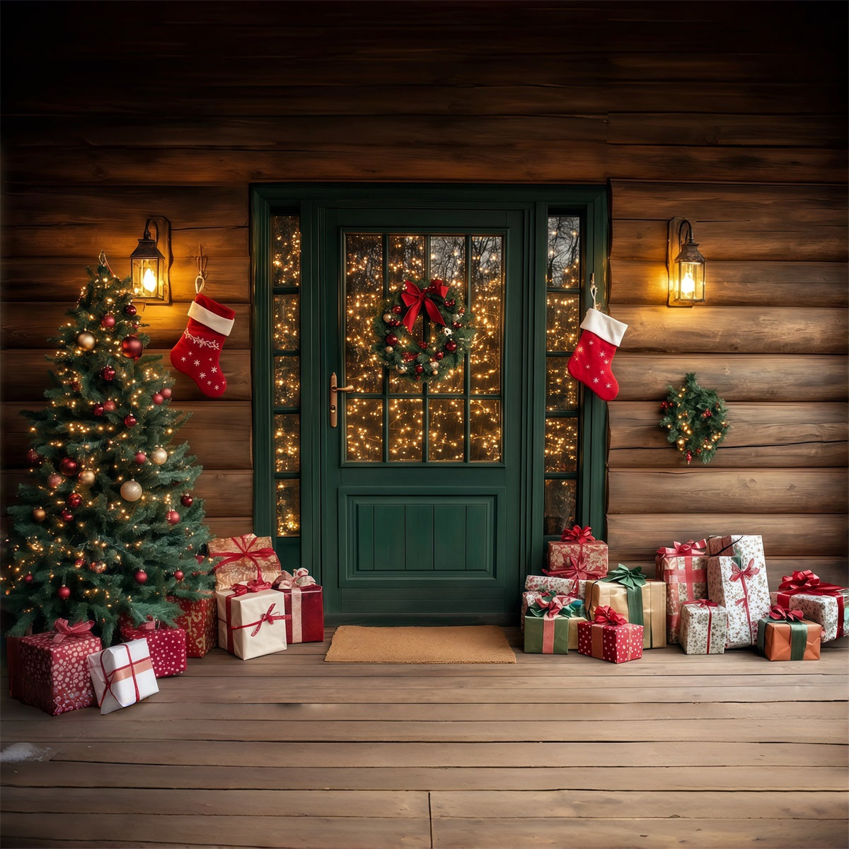 Christmas Cabin Backdrop Rustic Green Door Porch Christmas Studio Backdrop RR69-73