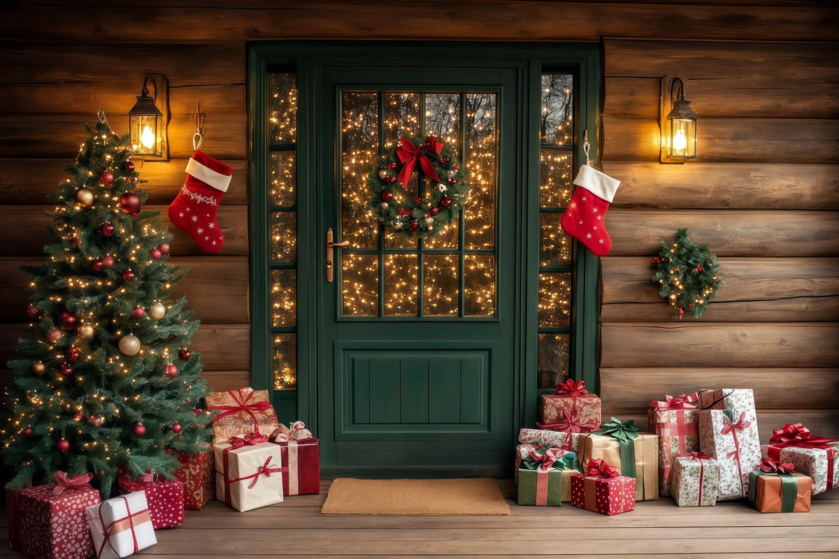 Christmas Cabin Backdrop Rustic Green Door Porch Christmas Studio Backdrop RR69-73