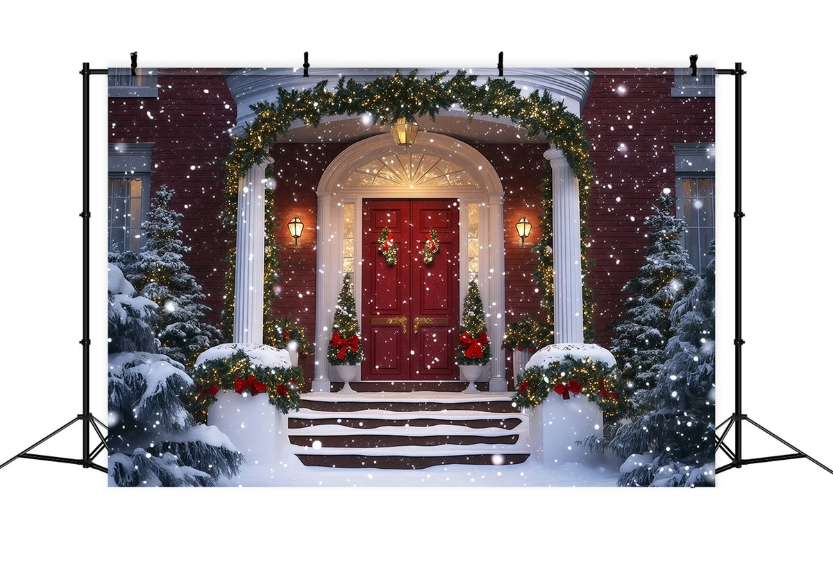 Christmas House Backdrop Snowy Grand Entrance Garland Photography Backdrop Christmas RR69-74