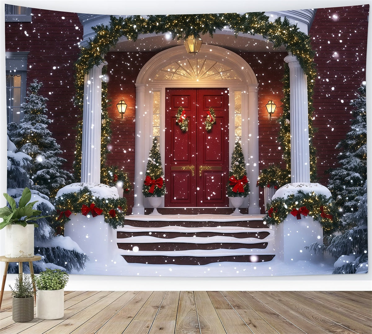 Christmas House Backdrop Snowy Grand Entrance Garland Photography Backdrop Christmas RR69-74