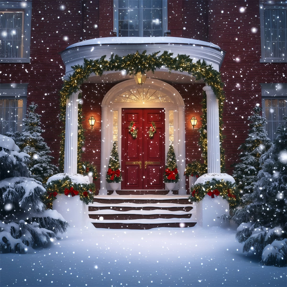 Christmas House Backdrop Snowy Grand Entrance Garland Photography Backdrop Christmas RR69-74