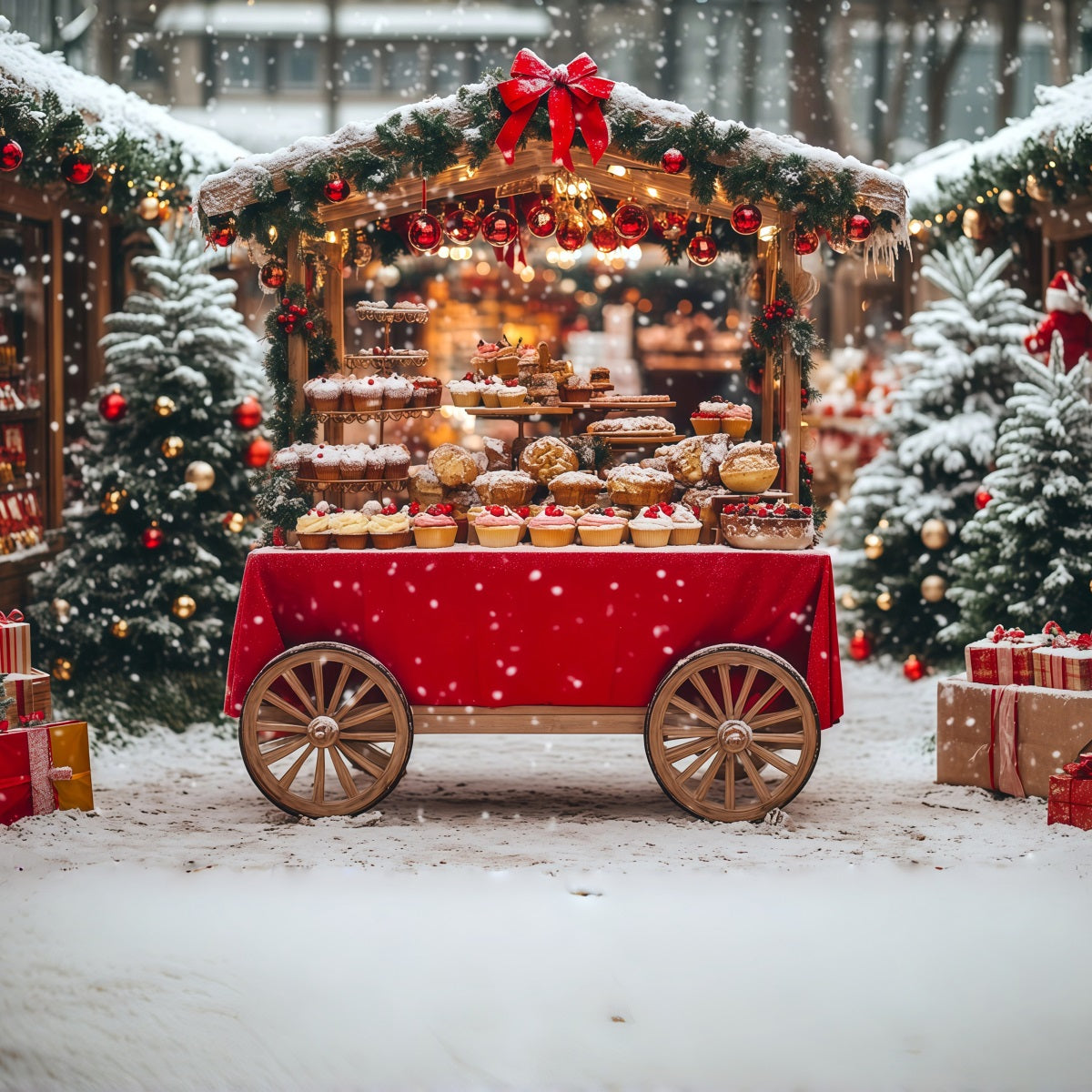 Snowy Christmas Backdrop Snow Dessert Cart Market Photo Christmas Backdrop RR69-77