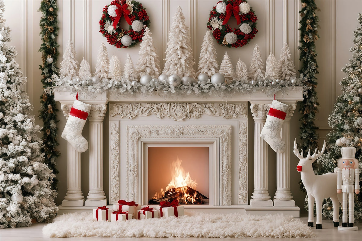 Christmas Fireplace Backdrop Snowy White Mantel Display Studio Christmas Backdrop RR69-80