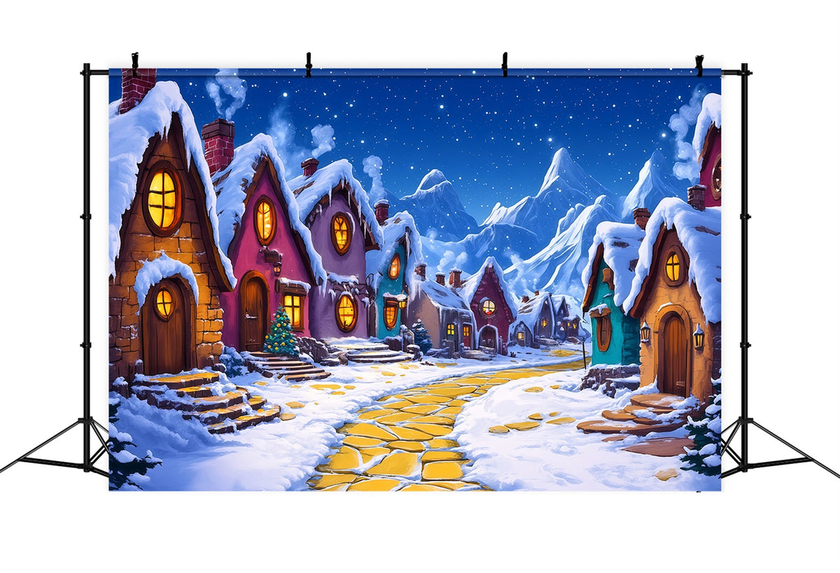 Christmas Village Backdrop Snowy Storybook Cottage Christmas Indoor Backdrop RR69-84