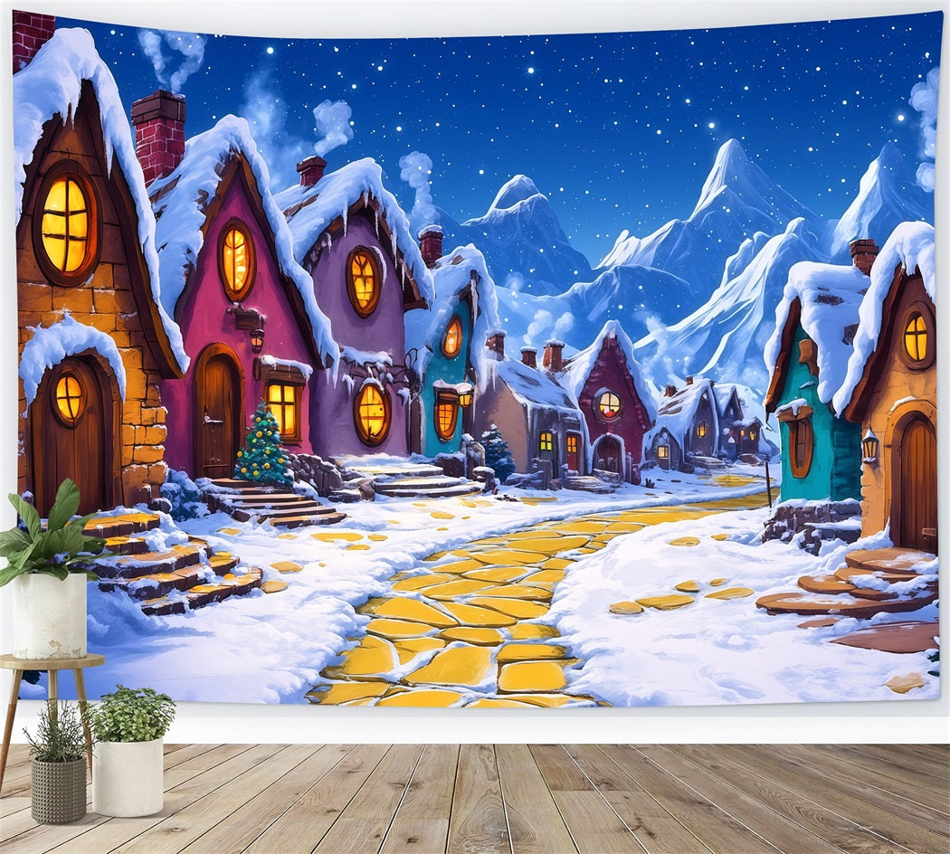 Christmas Village Backdrop Snowy Storybook Cottage Christmas Indoor Backdrop RR69-84