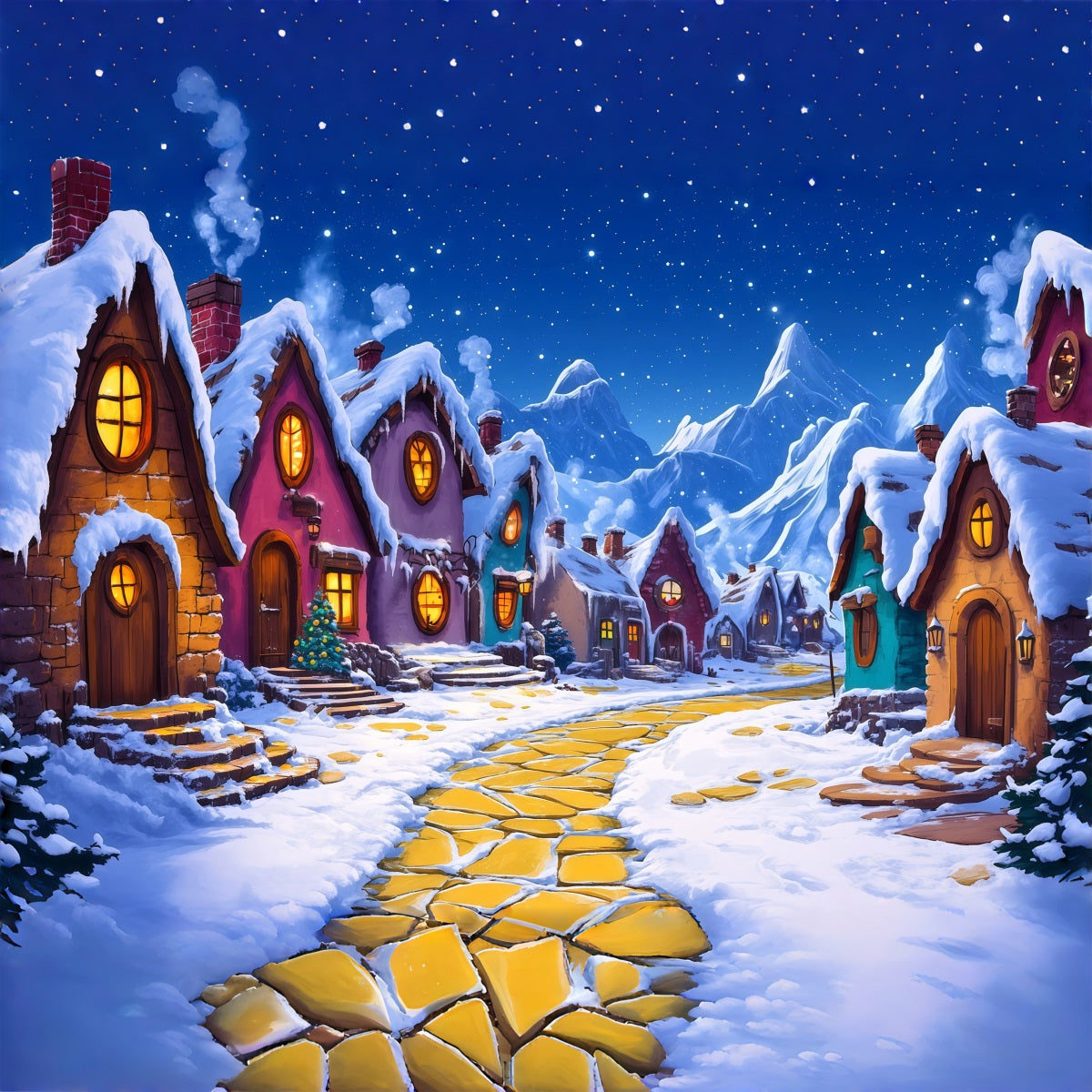 Christmas Village Backdrop Snowy Storybook Cottage Christmas Indoor Backdrop RR69-84