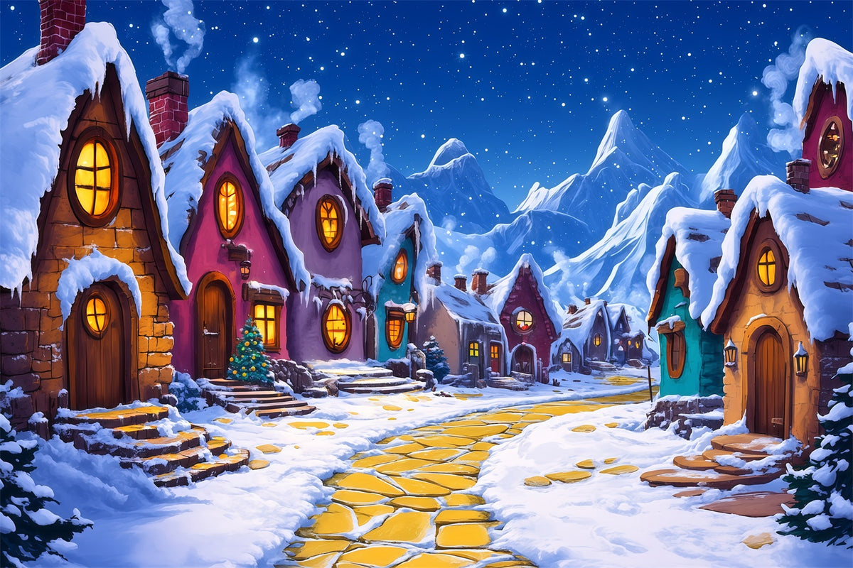 Christmas Village Backdrop Snowy Storybook Cottage Christmas Indoor Backdrop RR69-84