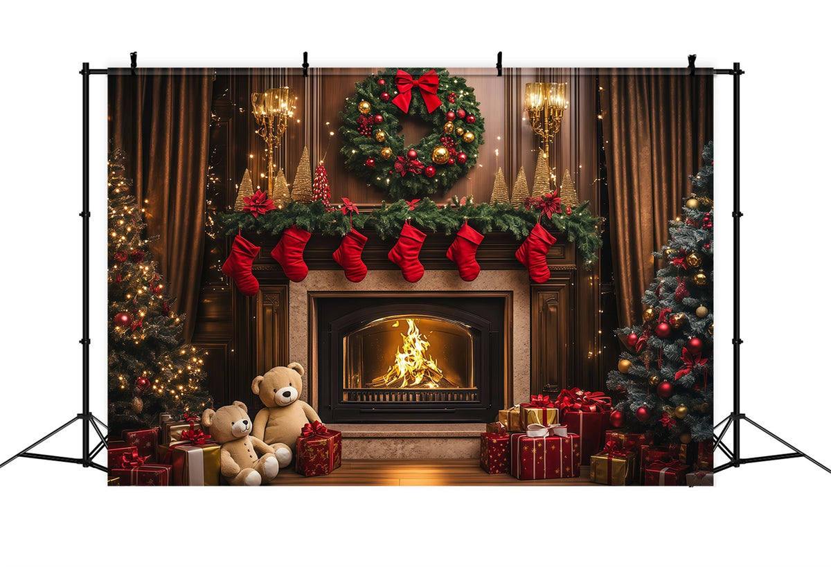 Cozy Christmas Backdrop Vintage Fireplace Stocking Indoor Christmas Backdrops RR69-85