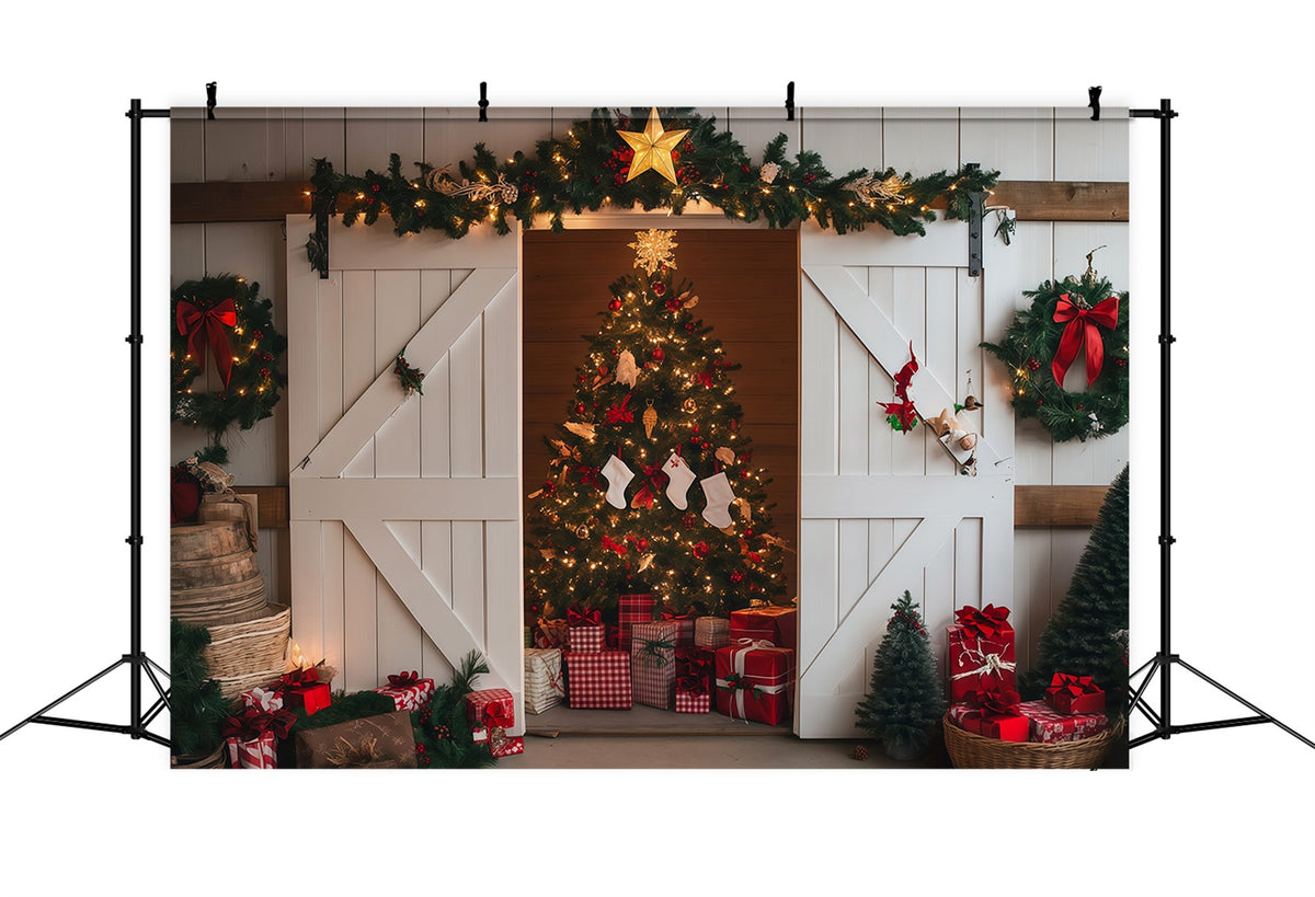 Christmas Barn Door Backdrop Rustic Barn Tree Display Professional Christmas Backdrop RR69-86