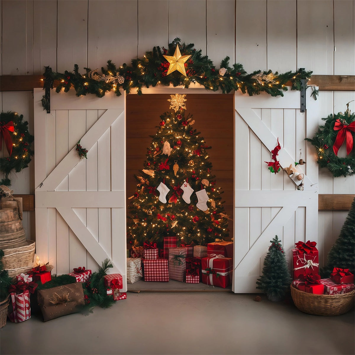 Christmas Barn Door Backdrop Rustic Barn Tree Display Professional Christmas Backdrop RR69-86