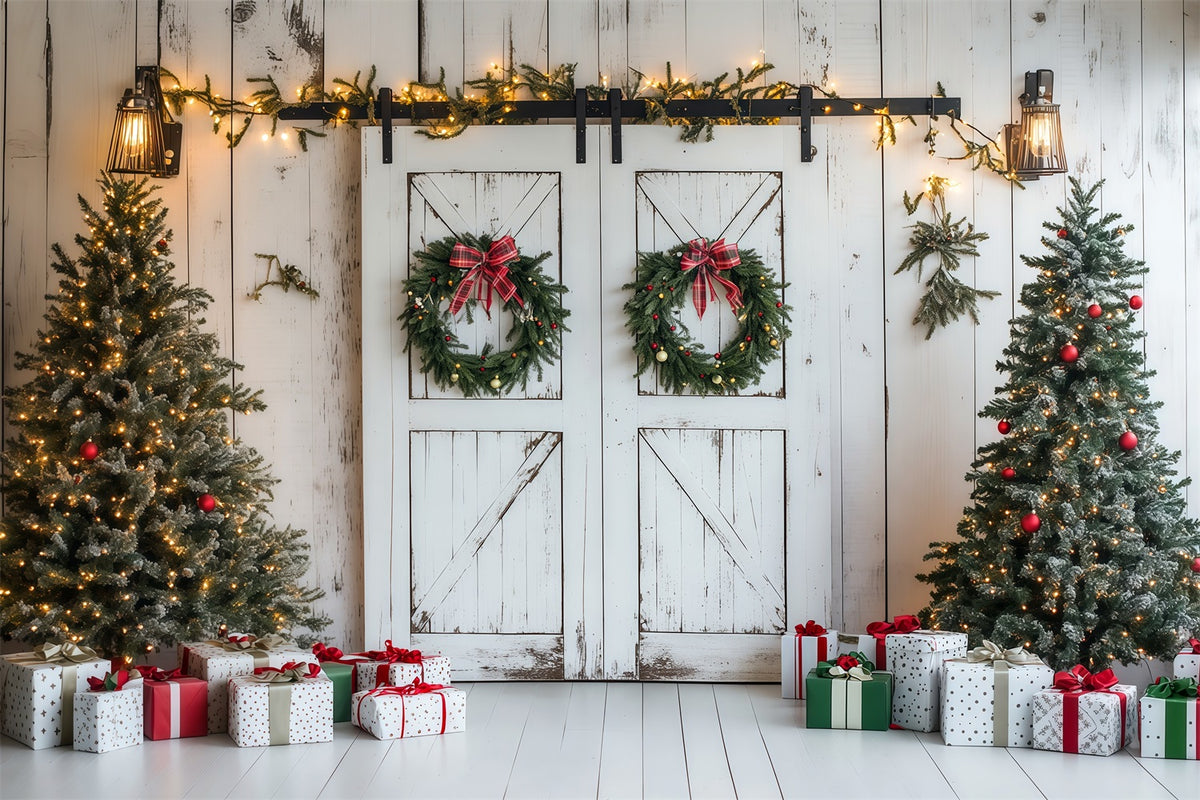 Christmas Barn Door Backdrop Rustic White Wooden Wall Wall Backdrop Christmas RR69-87