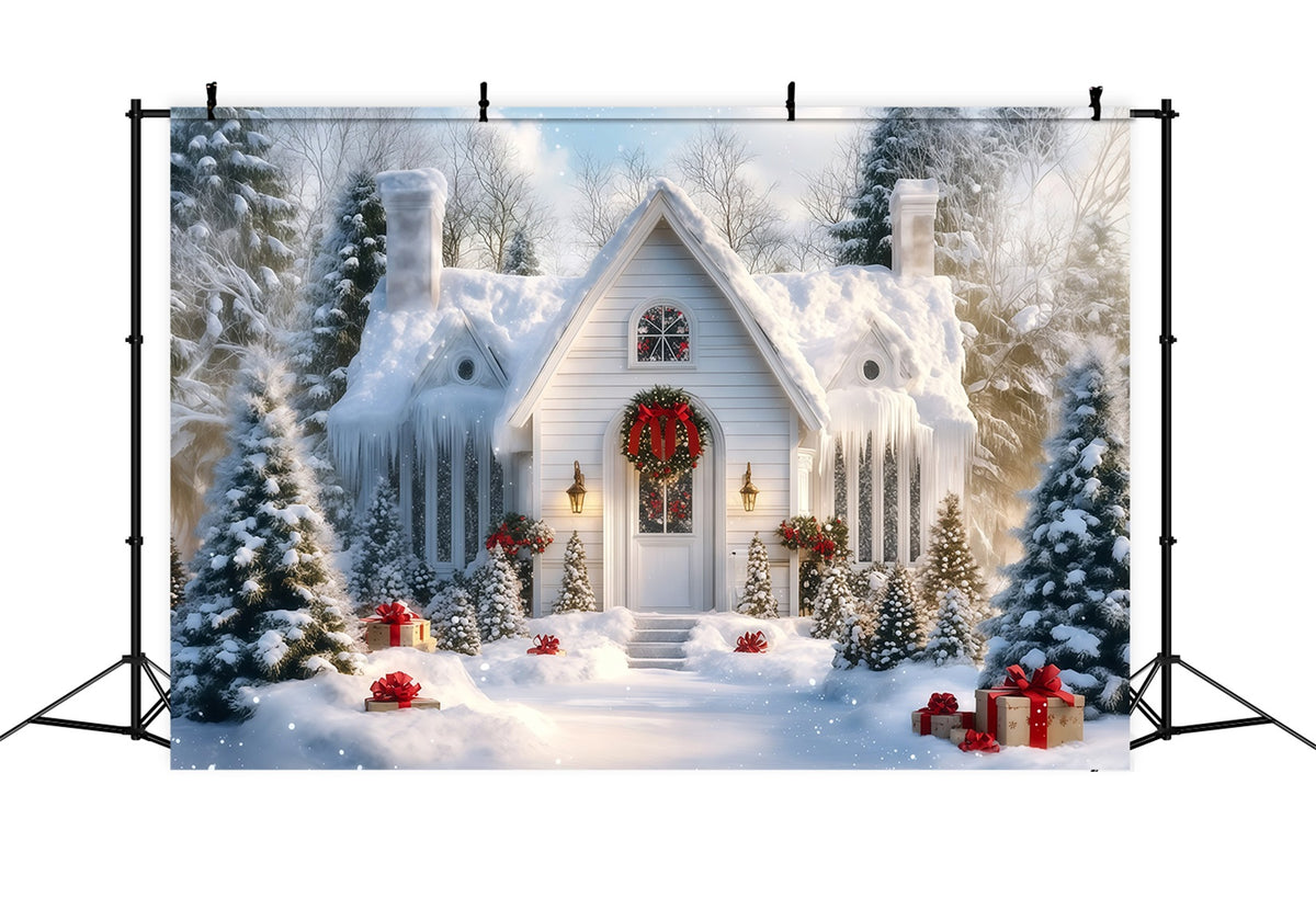 Snowy Christmas Backdrop Winter White Cottage Porch Muslin Christmas Backdrop RR69-88