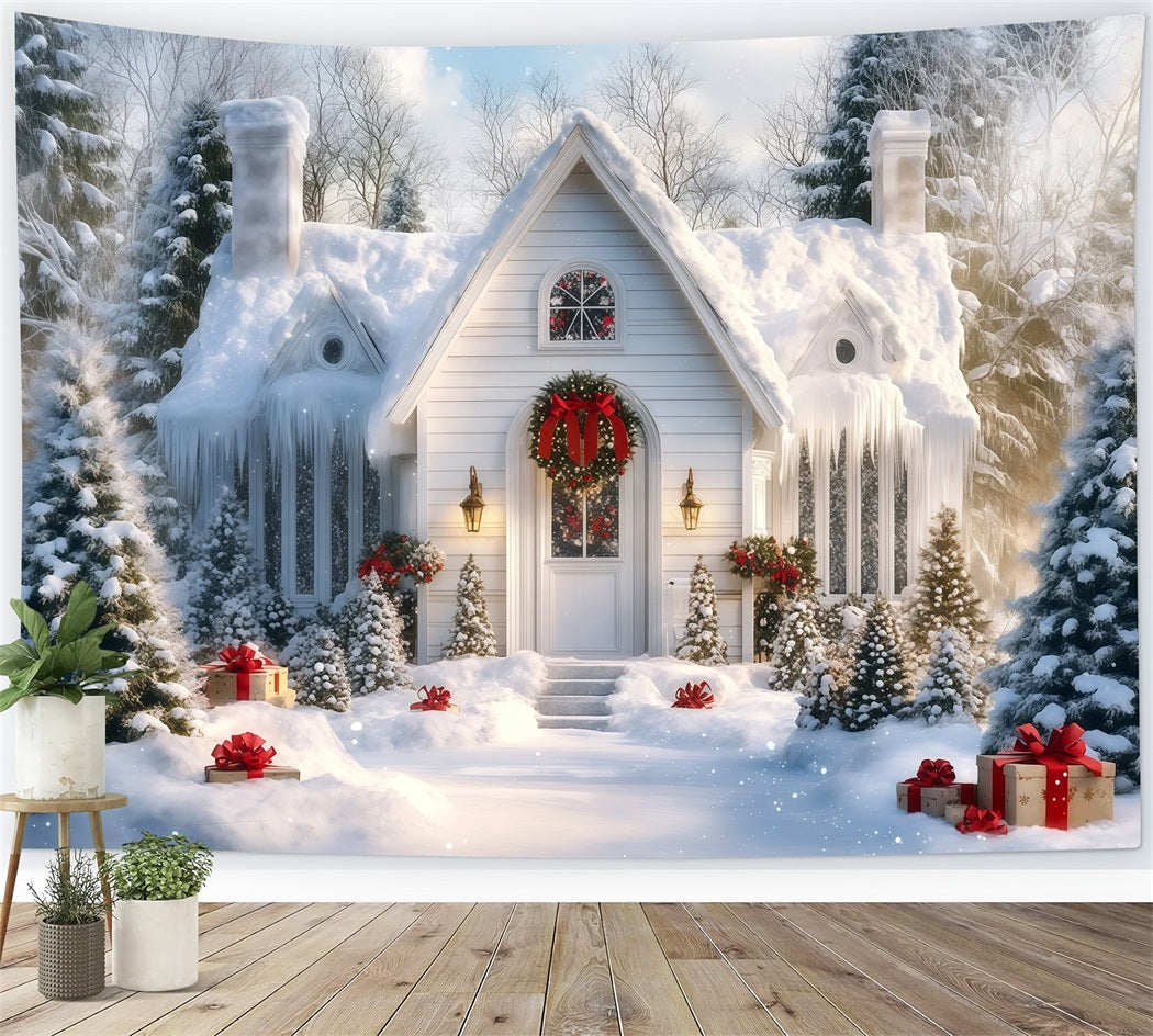 Snowy Christmas Backdrop Winter White Cottage Porch Muslin Christmas Backdrop RR69-88