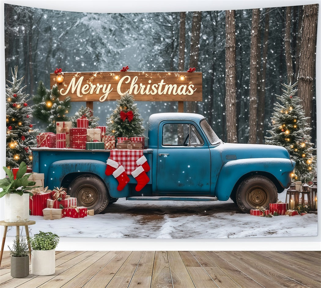 Christmas Forest Backdrop Blue Vintage Gift Truck Photographic Backdrops Christmas RR69-90