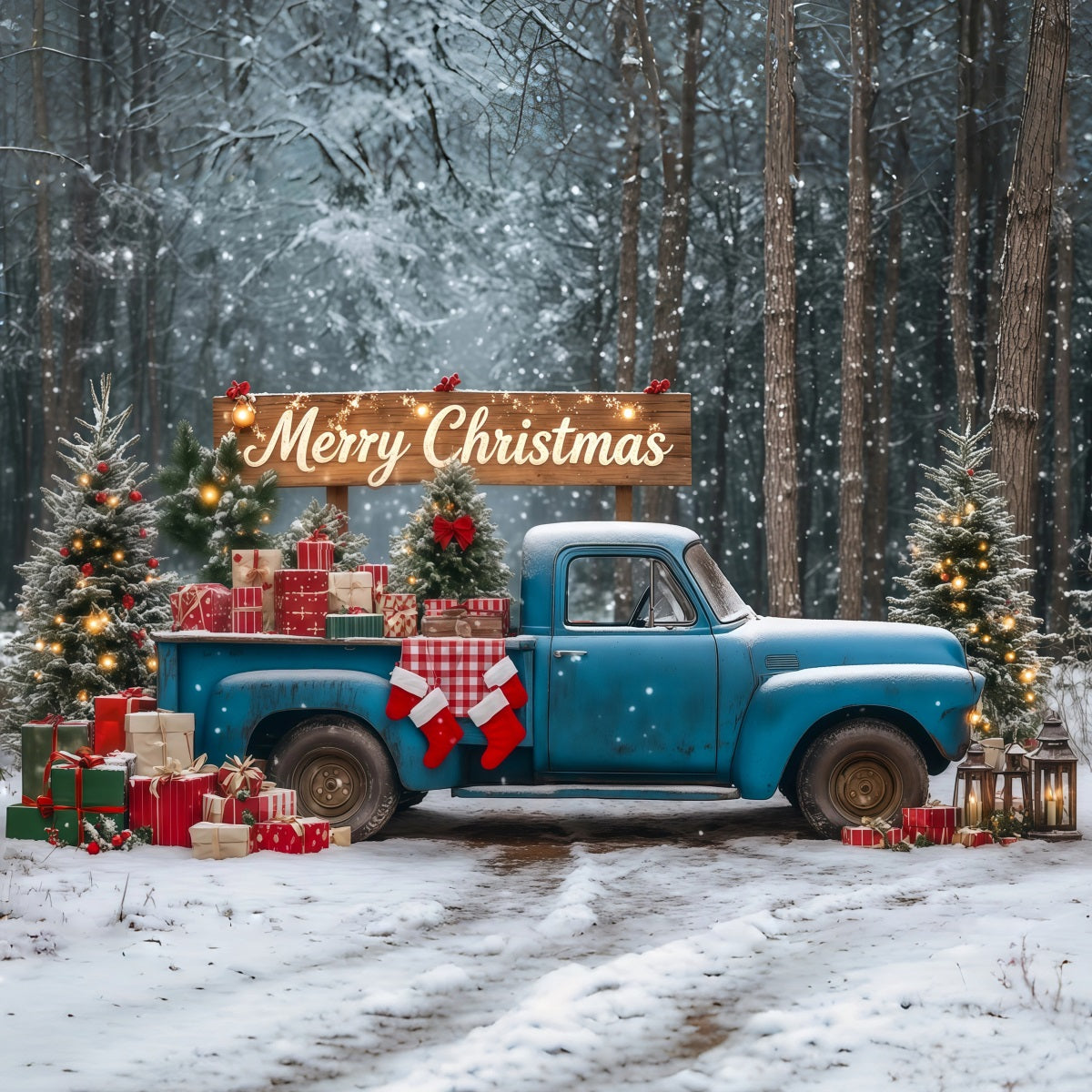 Christmas Forest Backdrop Blue Vintage Gift Truck Photographic Backdrops Christmas RR69-90