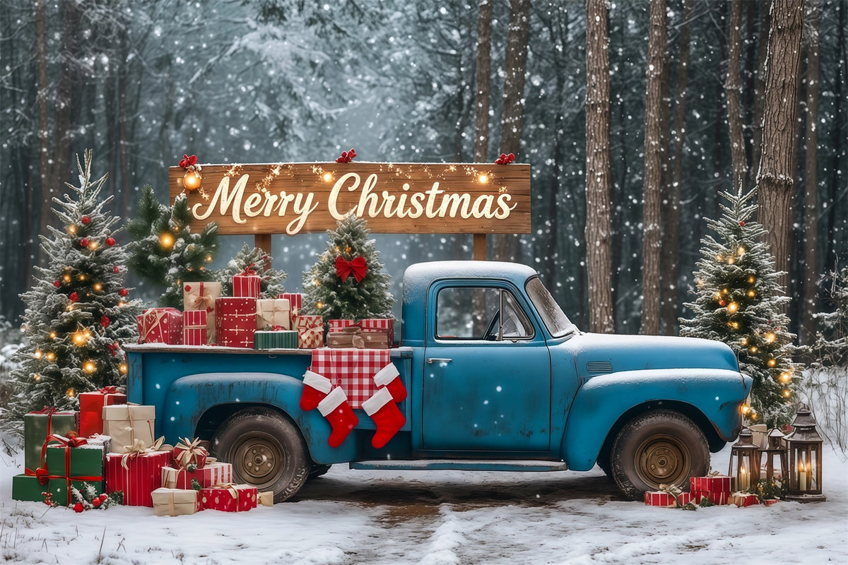 Christmas Forest Backdrop Blue Vintage Gift Truck Photographic Backdrops Christmas RR69-90