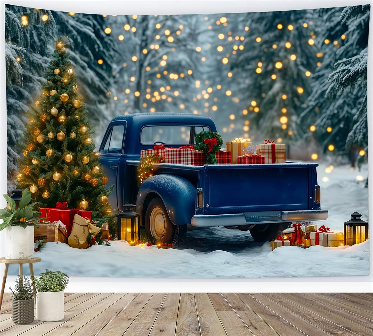 Christmas Truck Backdrop Blue Pickup Forest Lights Christmas Muslin Backdrops RR69-91