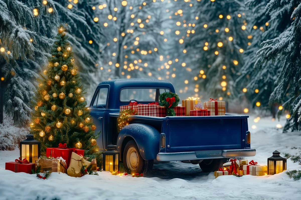 Christmas Truck Backdrop Blue Pickup Forest Lights Christmas Muslin Backdrops RR69-91