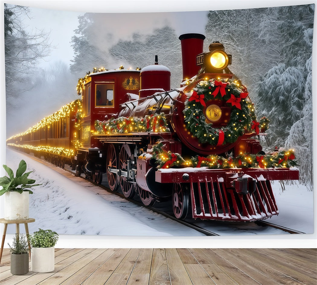 Christmas Train Backdrop Snowy Red Light Train Christmas Backdrops RR69-93