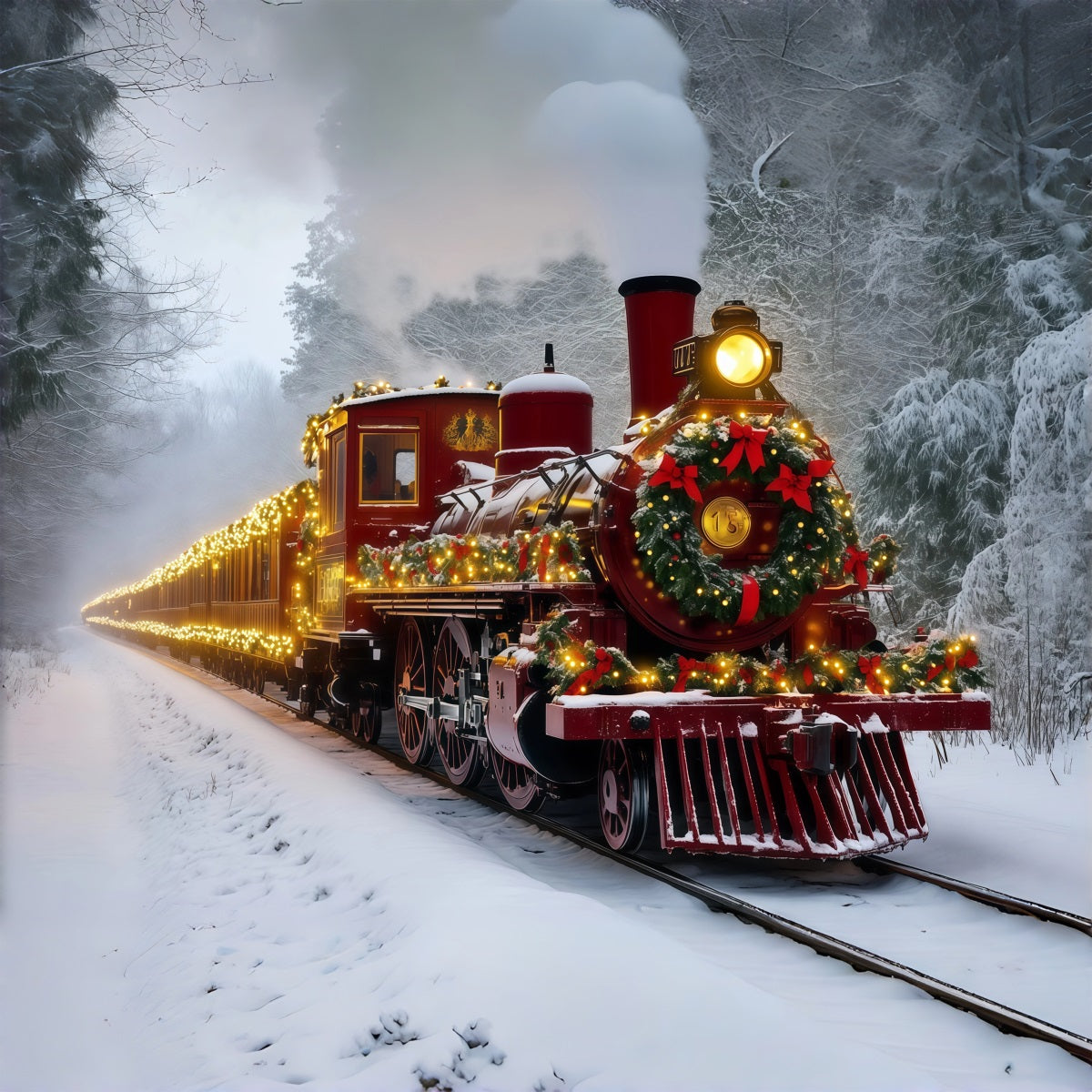 Christmas Train Backdrop Snowy Red Light Train Christmas Backdrops RR69-93