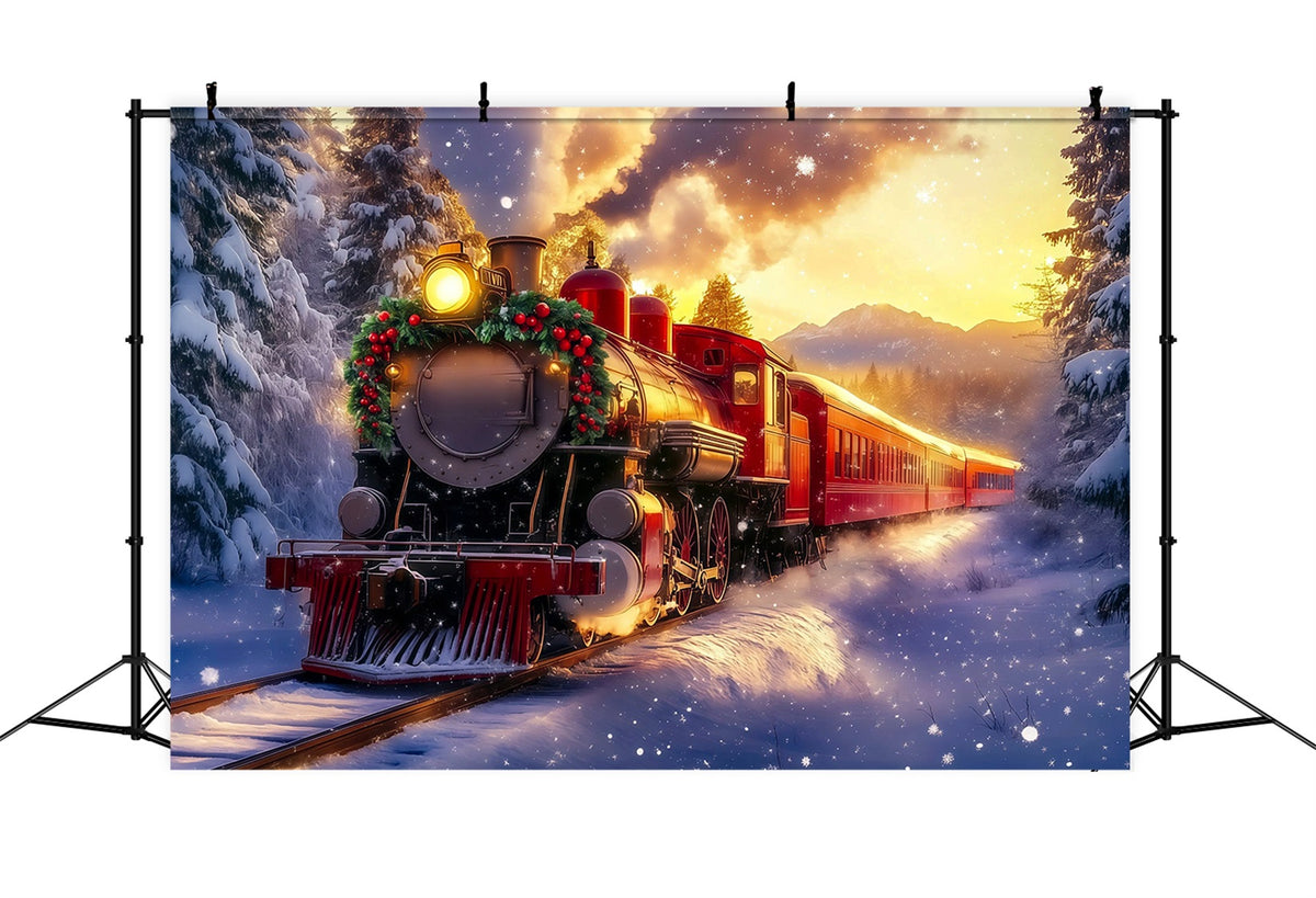 Christmas Train Backdrop Golden Sunset Mountain Train Christmas Photo Backdrop RR69-94