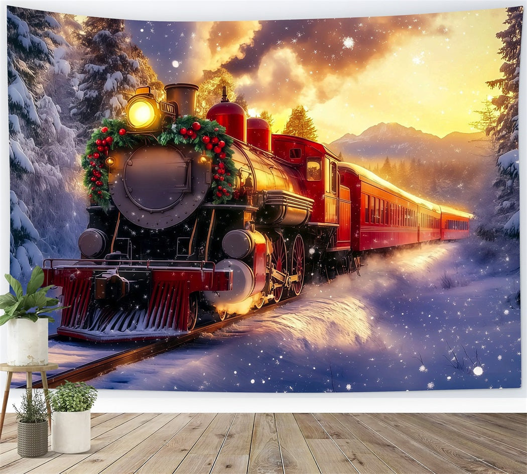 Christmas Train Backdrop Golden Sunset Mountain Train Christmas Photo Backdrop RR69-94