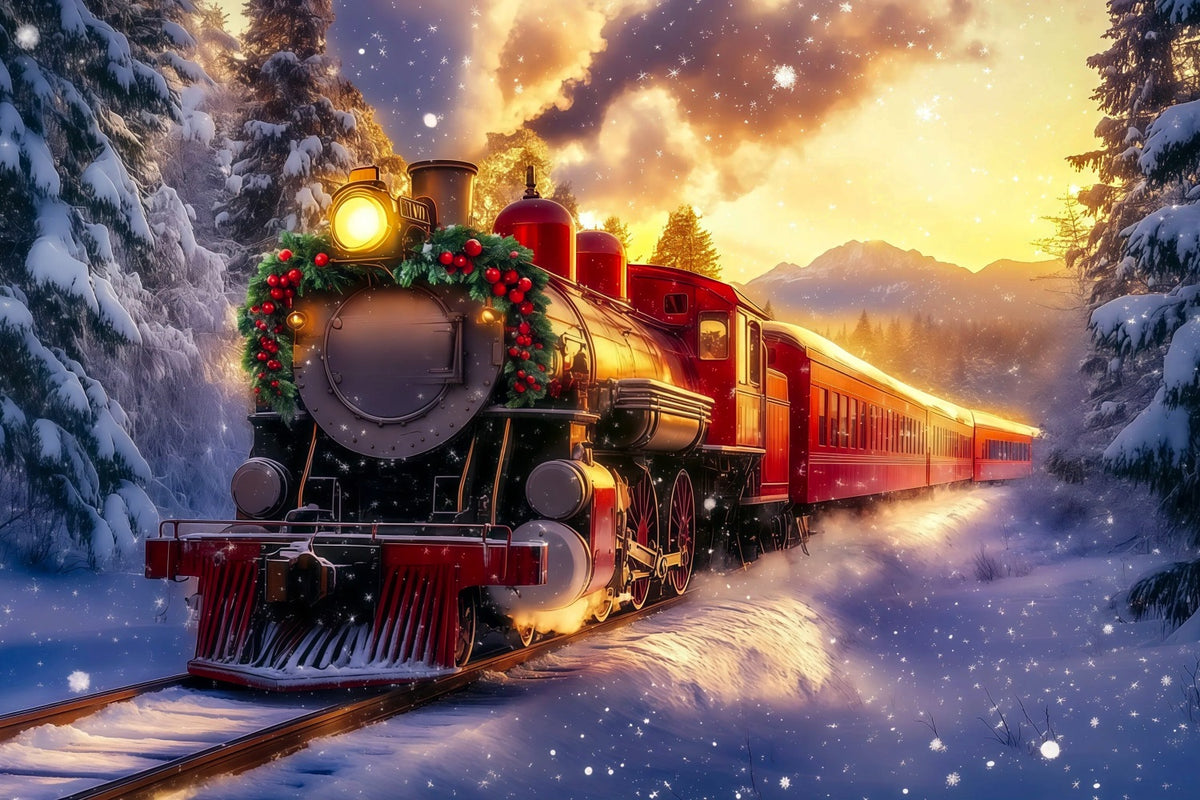 Christmas Train Backdrop Golden Sunset Mountain Train Christmas Photo Backdrop RR69-94