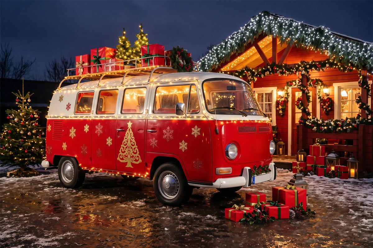 Christmas Camper Photography Backdrop Red Van Cozy Cabin Christmas Photo Backdrops RR69-95