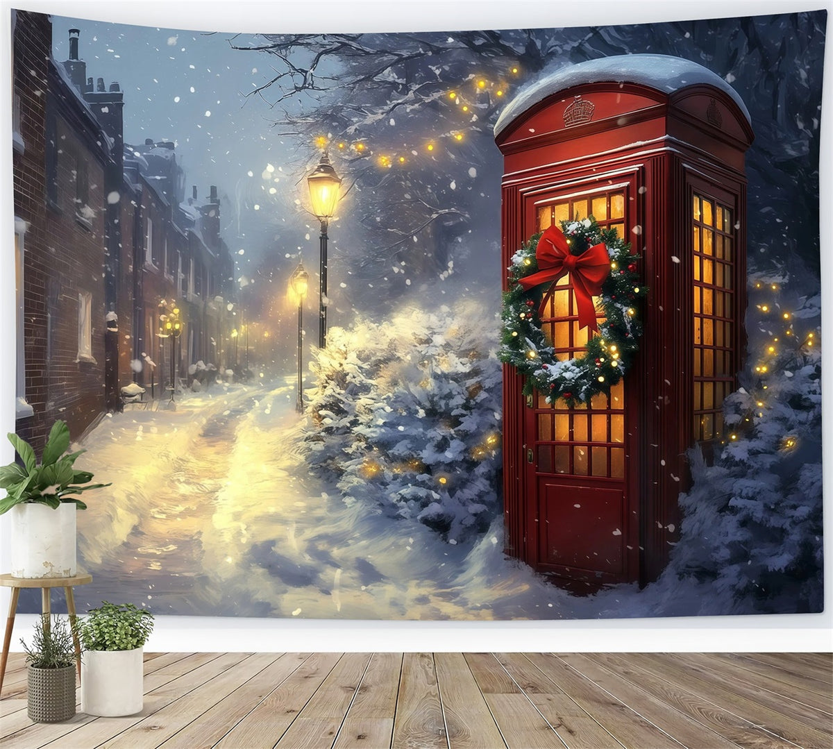Winter Christmas Backdrop Snowy Red Telephone Booth Backdrop Christmas RR69-96