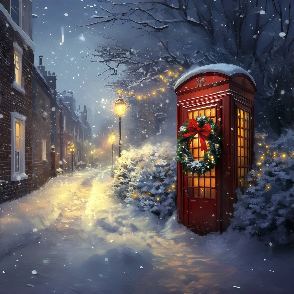 Winter Christmas Backdrop Snowy Red Telephone Booth Backdrop Christmas RR69-96